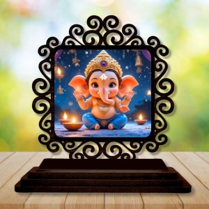 Car Desk/Table Top Lord Ganesha Wooden Showpiece 3x4 Inches, Compact & Stylish Spiritual Display for Car, Home & Office (Pack of 1) (F19911)