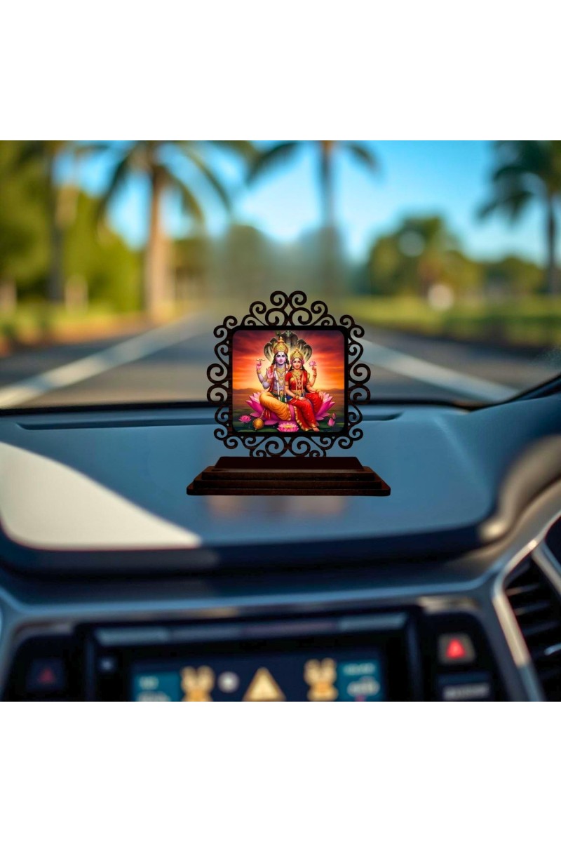 Car Desk/Table Top Lord Vishnu and Lakshmi Wooden Showpiece 3x4 Inches, Compact & Stylish Spiritual Display for Car, Home & Office (Pack of 1) (F20045)