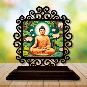 Car Desk/Table Top Serene Buddha Wooden Showpiece 3x4 Inches, Compact & Stylish Spiritual Display for Car, Home & Office (Pack of 1) (F20046)