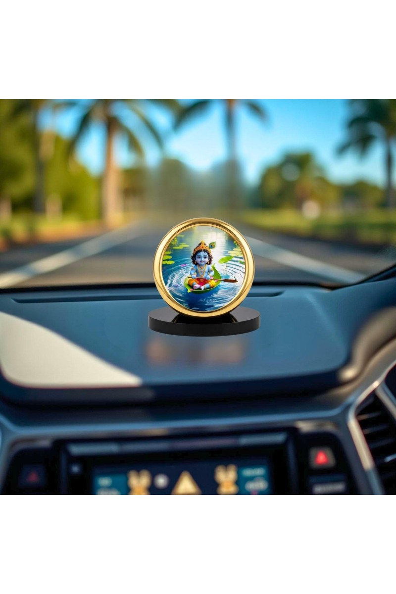 Car Desk/Table Top Lord Krishna Metal Golden Photo Stand 2x2 Inches, Compact & Stylish Spiritual Display for Car, Home & Office (Pack of 1) (F18586)