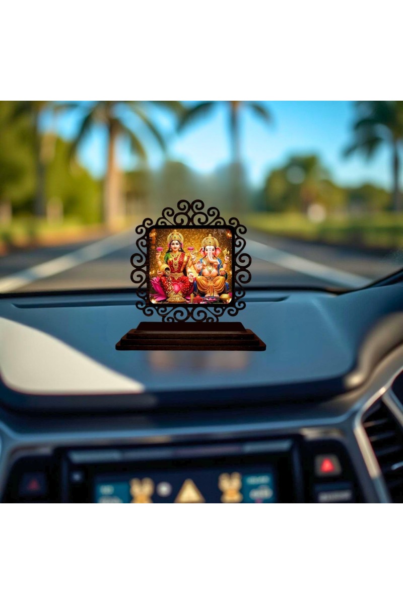 Car Desk/Table Top Lord Ganesha and Lakshmi Wooden Showpiece 3x4 Inches, Compact & Stylish Spiritual Display for Car, Home & Office (Pack of 1) (F19821)