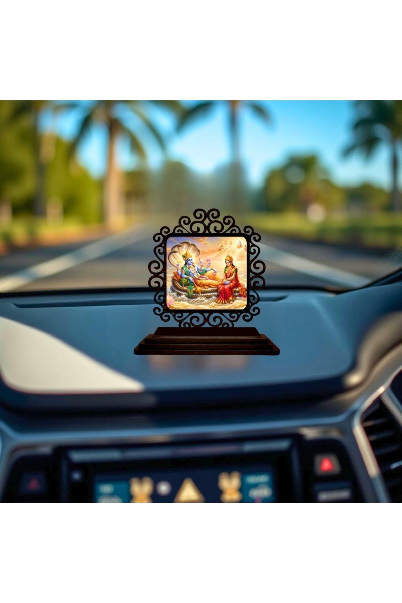 Car Desk/Table Top Lord Vishnu and Lakshmi Wooden Showpiece 3x4 Inches, Compact & Stylish Spiritual Display for Car, Home & Office (Pack of 1) (F19814)