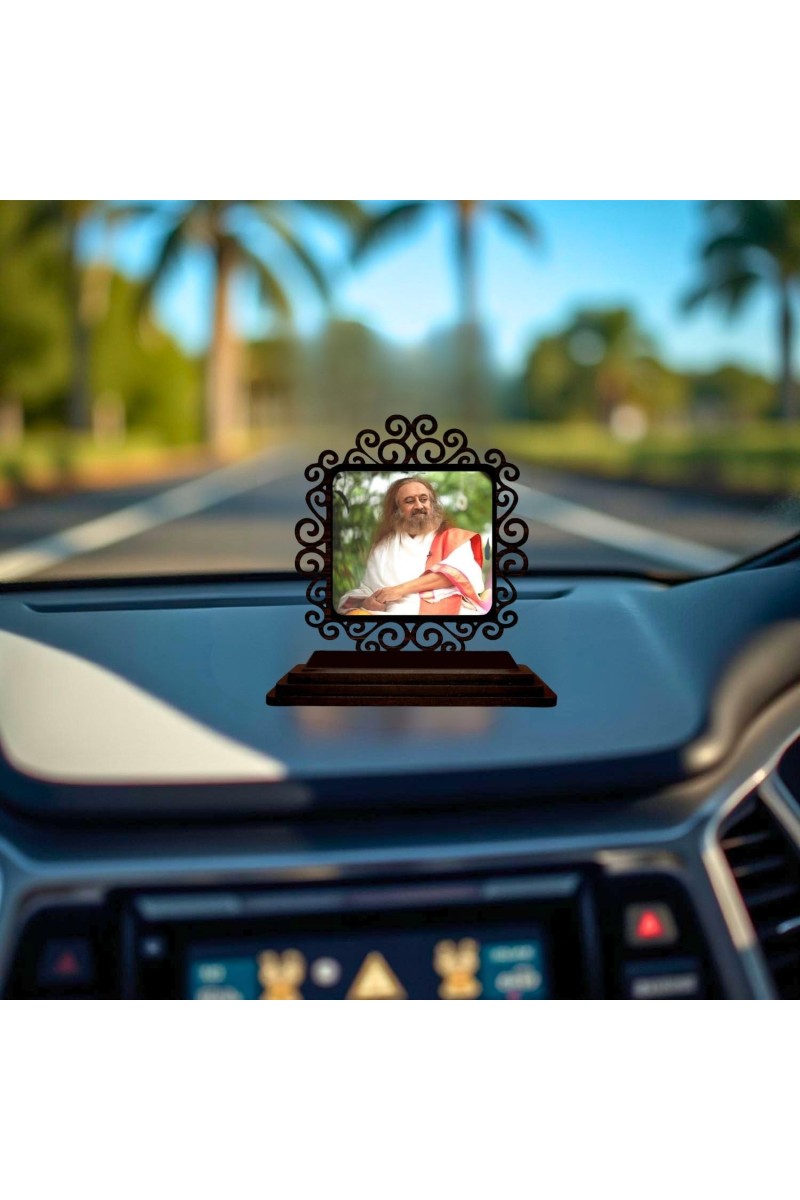 Car Desk/Table Top Sri Sri Ravi Shankar Wooden Showpiece 3x4 Inches, Compact & Stylish Spiritual Display for Car, Home & Office (Pack of 1) (F19778)