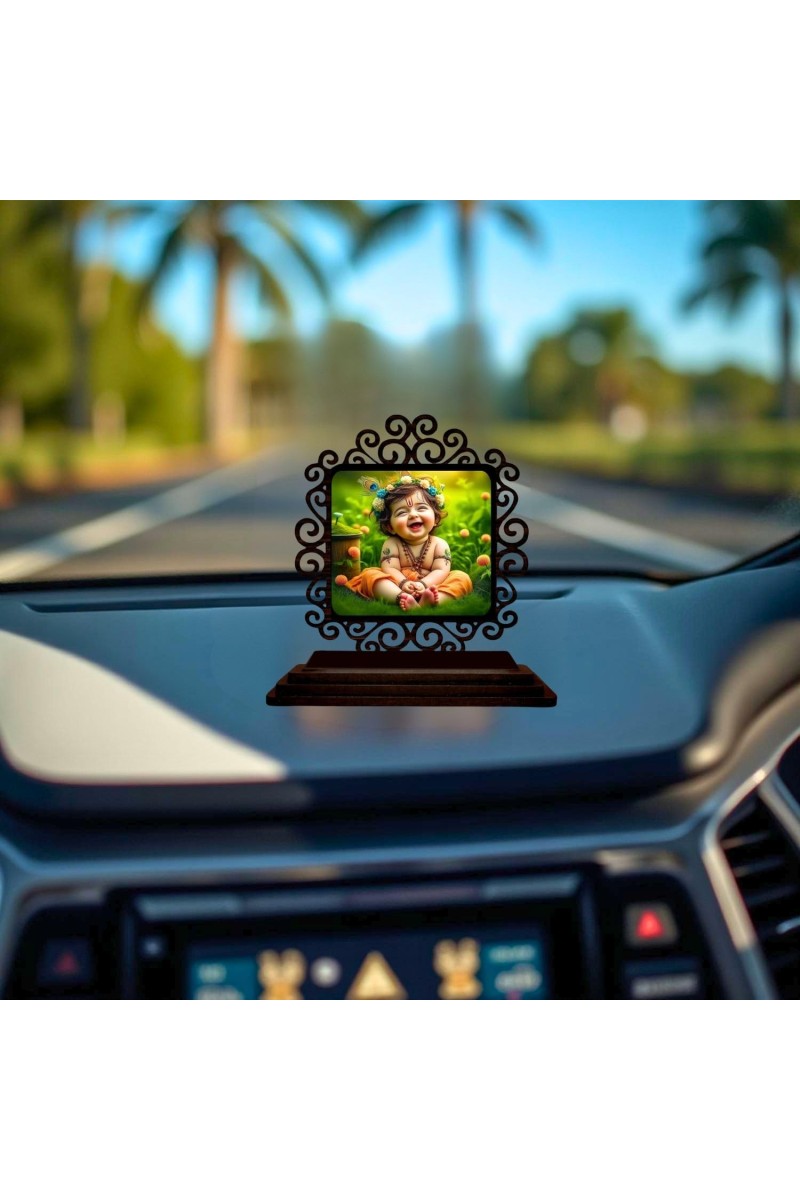 Car Desk/Table Top Little Krishna Wooden Showpiece 3x4 Inches, Compact & Stylish Spiritual Display for Car, Home & Office (Pack of 1) (F19868)