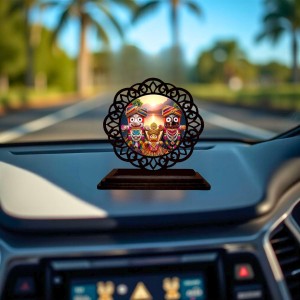 Car Desk/Table Top Lord Jagannath Wooden Showpiece 3x4 Inches, Compact & Stylish Spiritual Display for Car, Home & Office (Pack of 1) (F19768)
