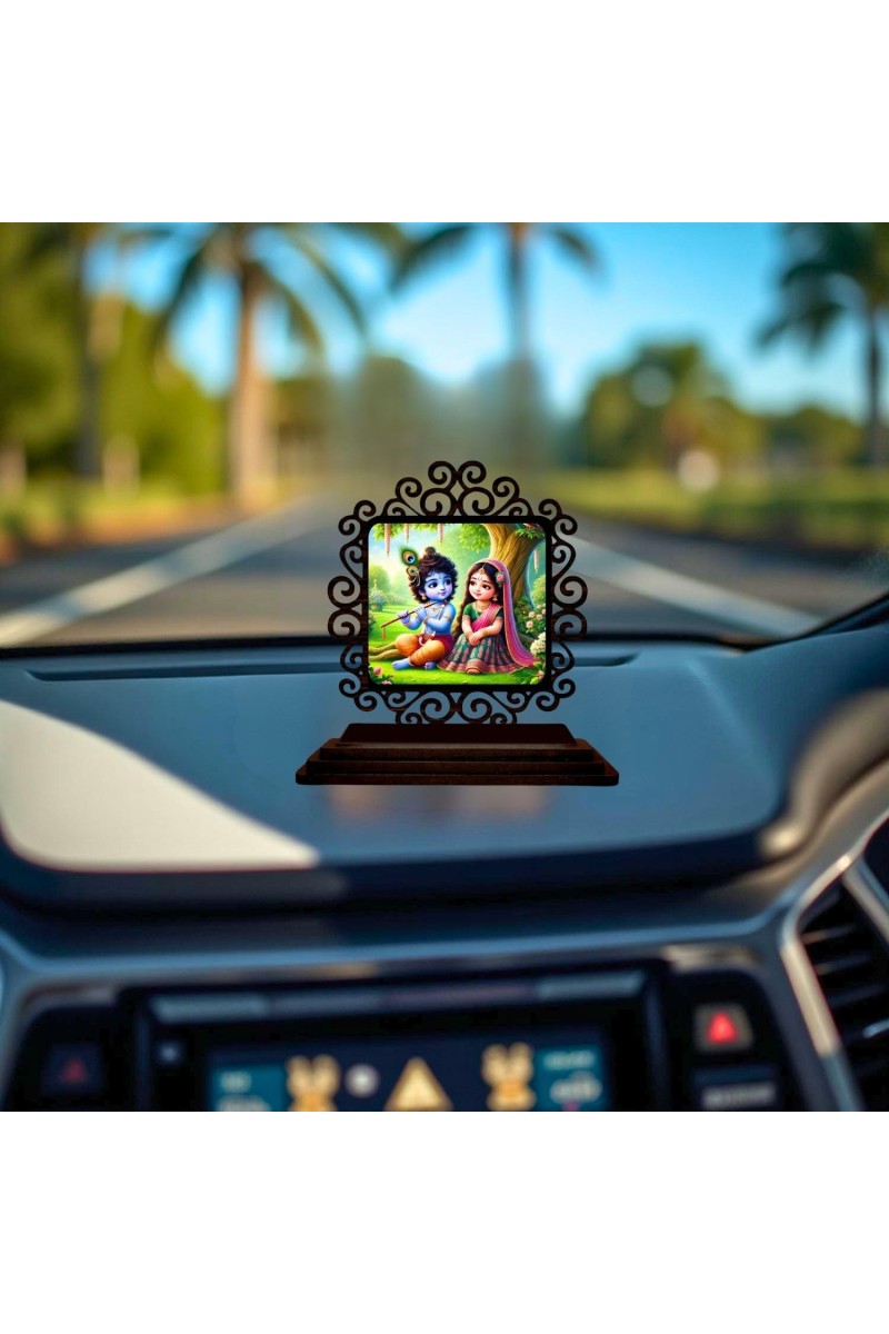 Car Desk/Table Top Radha Krishna Wooden Showpiece 3x4 Inches, Compact & Stylish Spiritual Display for Car, Home & Office (Pack of 1) (F20009)