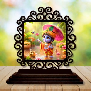 Car Desk/Table Top Lord Krishna Wooden Showpiece 3x4 Inches, Compact & Stylish Spiritual Display for Car, Home & Office (Pack of 1) (F19862)