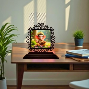 Car Desk/Table Top Lord Ganesha Wooden Showpiece 3x4 Inches, Compact & Stylish Spiritual Display for Car, Home & Office (Pack of 1) (F19963)