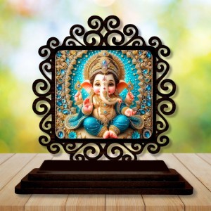 Car Desk/Table Top Lord Ganesha Wooden Showpiece 3x4 Inches, Compact & Stylish Spiritual Display for Car, Home & Office (Pack of 1) (F19964)