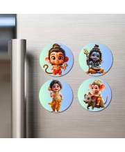 Hanuman, Ganesha, Shiva, and Krishna. Fridge Magnets 4 Piece Set | 3 Inch Round Wall Fridge Decor (F22754)