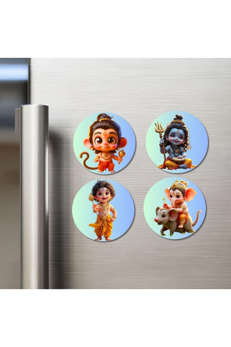 Hanuman, Ganesha, Shiva, and Krishna. Fridge Magnets 4 Piece Set | 3 Inch Round Wall Fridge Decor (F22754)