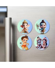 Ganesha, Shiva, Hanuman, and Krishna. Fridge Magnets 4 Piece Set | 3 Inch Round Wall Fridge Decor (F22757)