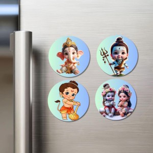 Ganesha, Shiva, Hanuman, and Krishna. Fridge Magnets 4 Piece Set | 3 Inch Round Wall Fridge Decor (F22757)