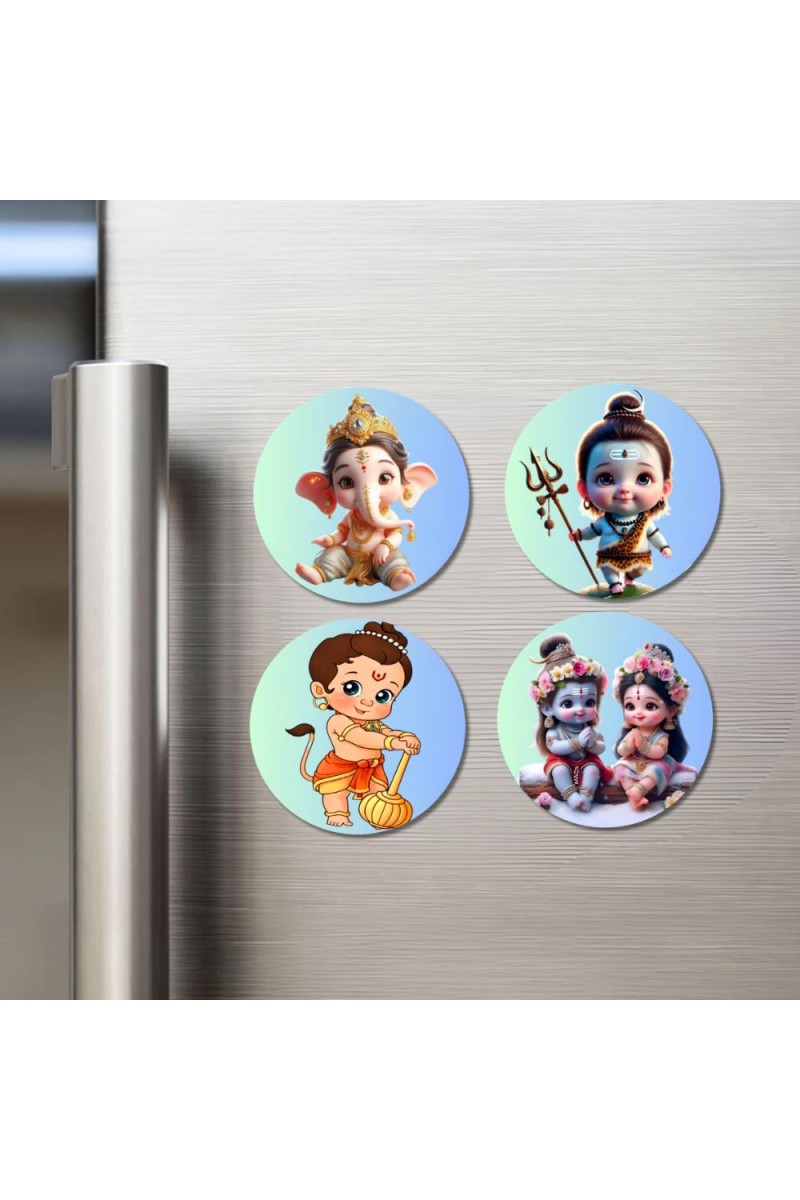 Ganesha, Shiva, Hanuman, and Krishna. Fridge Magnets 4 Piece Set | 3 Inch Round Wall Fridge Decor (F22757)