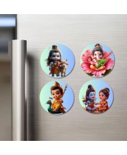 Shiva, Ganesha, Kartikeya, and Parvati. Fridge Magnets 4 Piece Set | 3 Inch Round Wall Fridge Decor (F22756)
