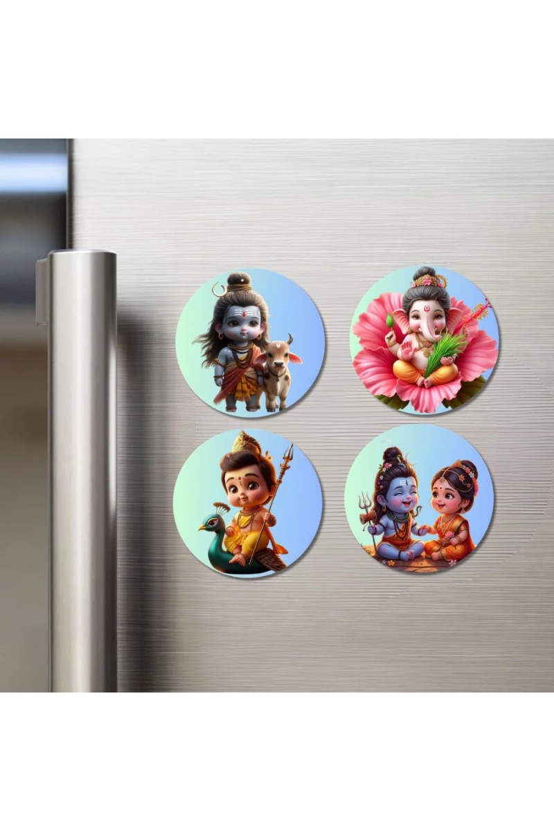 Shiva, Ganesha, Kartikeya, and Parvati. Fridge Magnets 4 Piece Set | 3 Inch Round Wall Fridge Decor (F22756)