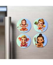 Hanuman, Ganesha, and Shiva Fridge Magnets 4 Piece Set | 3 Inch Round Wall Fridge Decor (F22752)