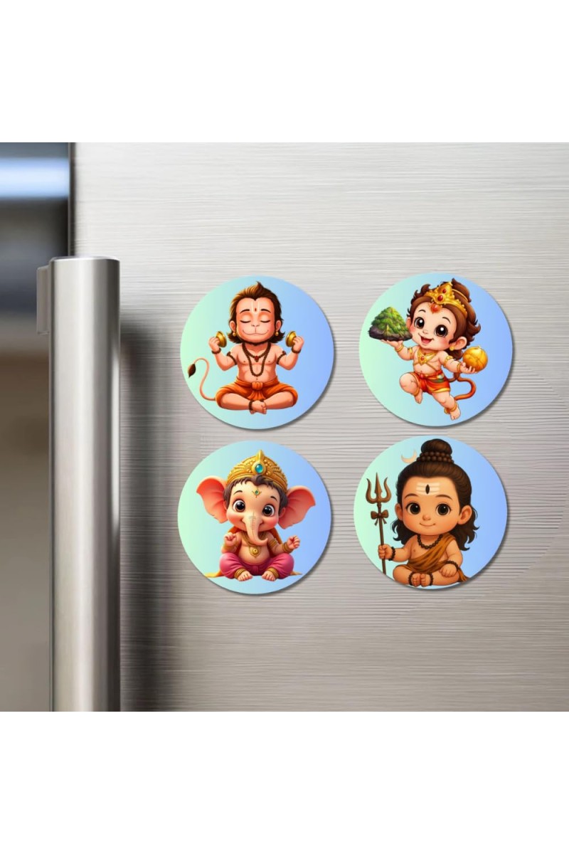 Hanuman, Ganesha, and Shiva Fridge Magnets 4 Piece Set | 3 Inch Round Wall Fridge Decor (F22752)