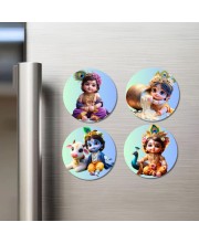 Krishna Fridge Magnets 4 Piece Set | 3 Inch Round Wall Fridge Decor (F22759)