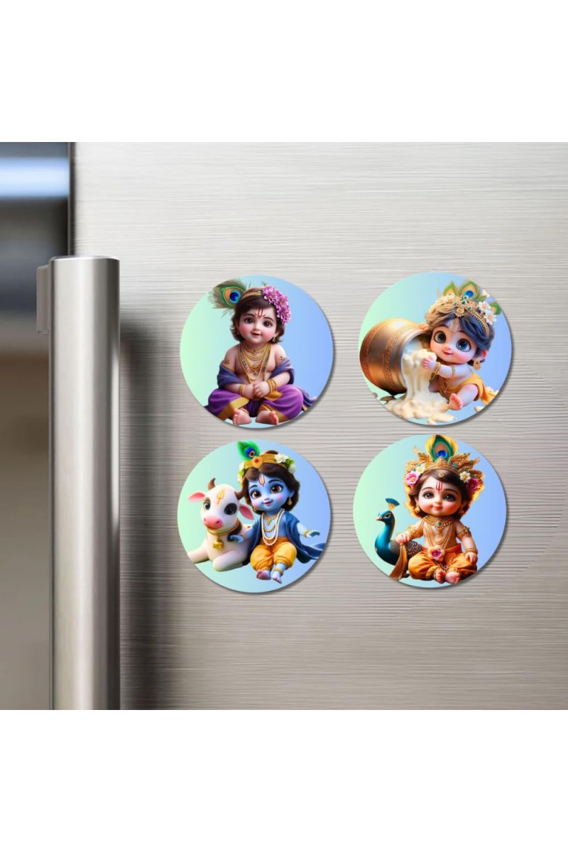Krishna Fridge Magnets 4 Piece Set | 3 Inch Round Wall Fridge Decor (F22759)