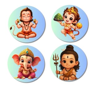 Hanuman, Ganesha, and Shiva Fridge Magnets 4 Piece Set | 3 Inch Round Wall Fridge Decor (F22752)