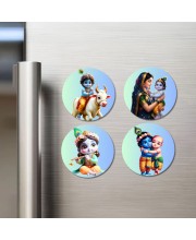 Krishna, Yashoda, and Radha. Fridge Magnets 4 Piece Set | 3 Inch Round Wall Fridge Decor (F22758)