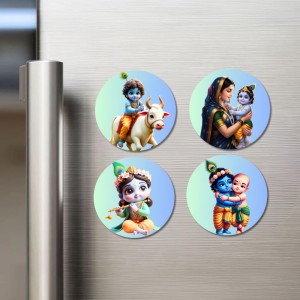 Krishna, Yashoda, and Radha. Fridge Magnets 4 Piece Set | 3 Inch Round Wall Fridge Decor (F22758)