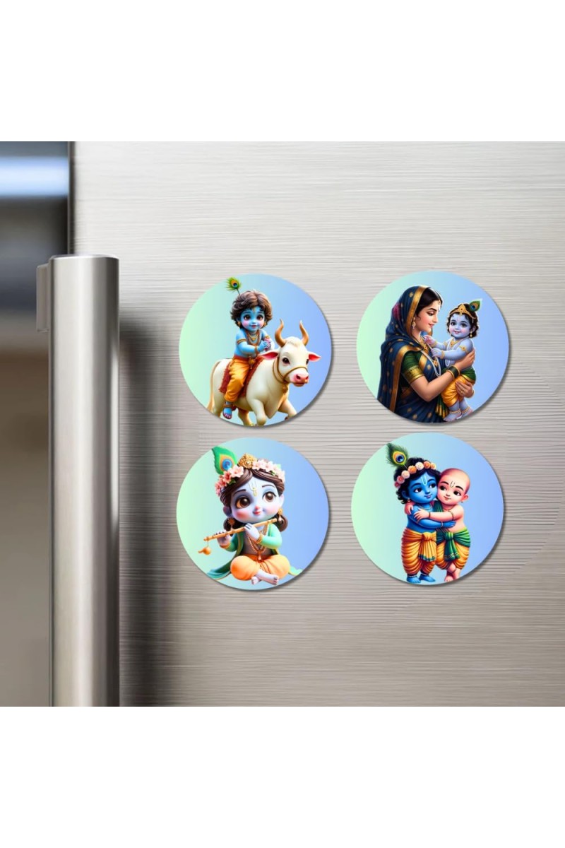 Krishna, Yashoda, and Radha. Fridge Magnets 4 Piece Set | 3 Inch Round Wall Fridge Decor (F22758)