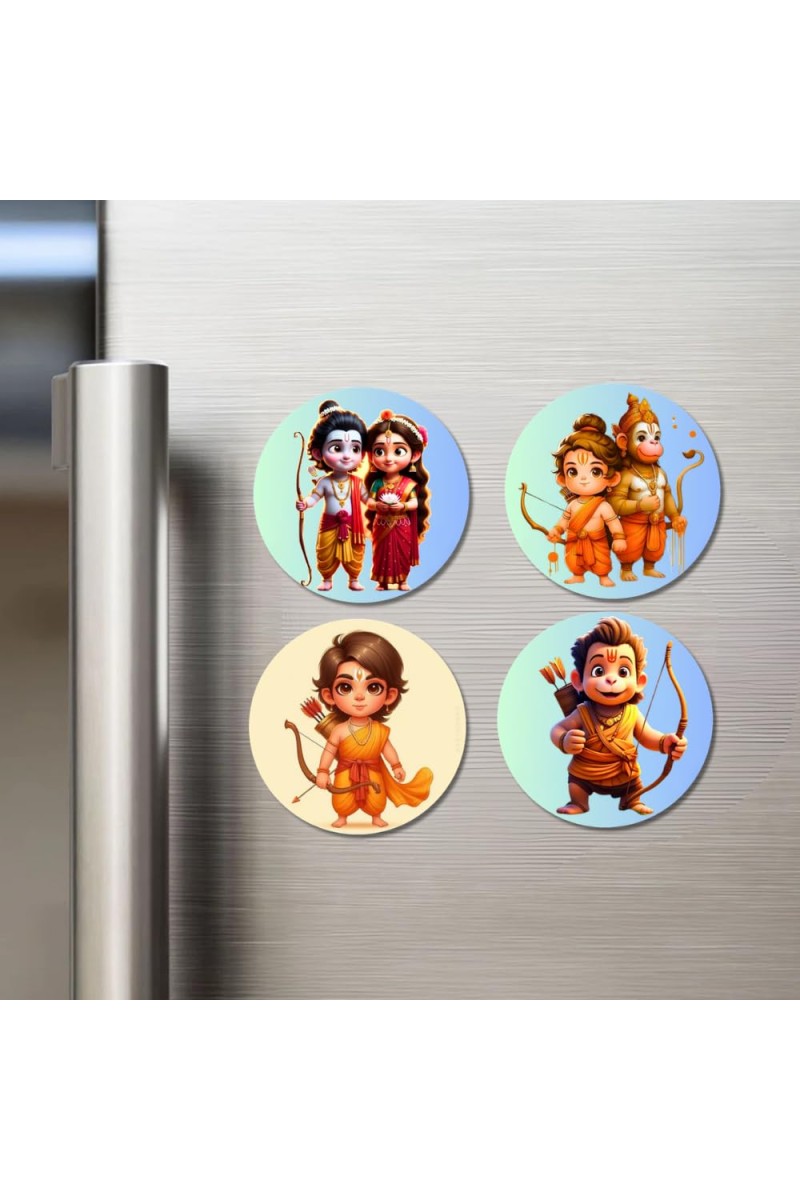 Krishna, Radha, and Ganesha. Fridge Magnets 4 Piece Set | 3 Inch Round Wall Fridge Decor (F22755)