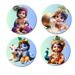 Krishna Fridge Magnets 4 Piece Set | 3 Inch Round Wall Fridge Decor (F22759)