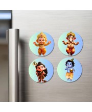Hanuman, Ganesha, Shiva, and Krishna. Fridge Magnets 4 Piece Set | 3 Inch Round Wall Fridge Decor (F22753)