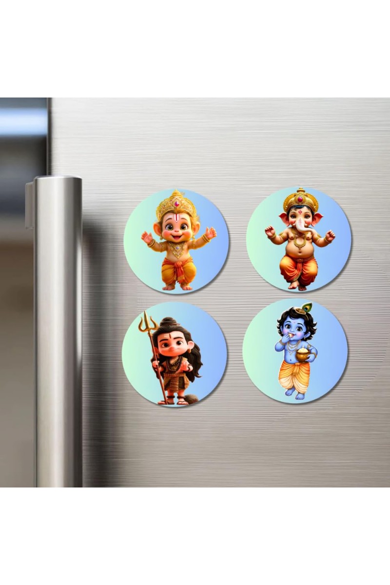 Hanuman, Ganesha, Shiva, and Krishna. Fridge Magnets 4 Piece Set | 3 Inch Round Wall Fridge Decor (F22753)