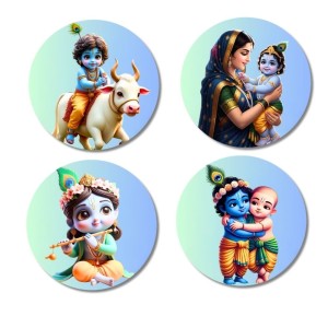 Krishna, Yashoda, and Radha. Fridge Magnets 4 Piece Set | 3 Inch Round Wall Fridge Decor (F22758)