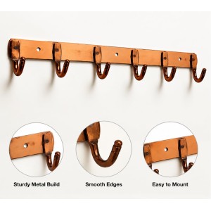 6-Hook Metal Wall Hook Rack with 3 Mounting Screws Included | Heavy Duty Wall Mounted Coat & Towel Hanger | Multipurpose Hook Rail for Clothes, Keys, Bags, Hats & Bathroom Accessories | Copper Finish