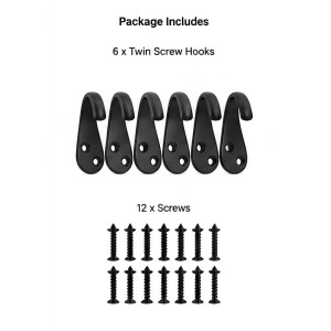 Black Metal Wall Hooks |Wall Mount Hooks for Clothes, Bags, Coats, Hats, Keys & Towels | Rust Resistant Curtain Holdback Hooks for Bathroom, Bedroom, Kitchen & Office | Includes 12 Screws | Pack of 6