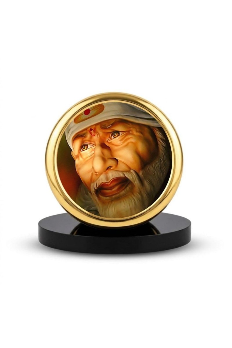 Car Dashboard/Table Top Shirdi Sai Baba Metal Golden Photo Stand 2x2 Inches, Compact & Stylish Spiritual Display For Car, Home & Office (Pack Of 1) (F24509)