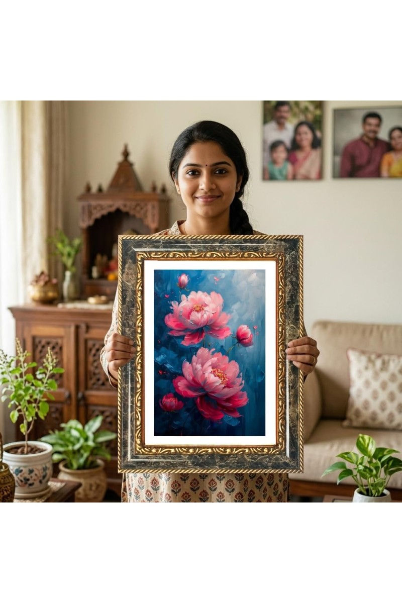 Peony Flower Painting Decorative Photo Frame With White Mount | Premium Wall & Tabletop Picture Frame | Home, Office & Temple Decoration | 10x14 Inch (Pack Of 1) (F32382)
