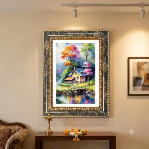 Painting Of A Cozy Countryside Cottage By A River Decorative Photo Frame With White Mount | Premium Wall & Tabletop Picture Frame | Home, Office & Temple Decoration | 8x12 Inch (Pack Of 1) (F31272)