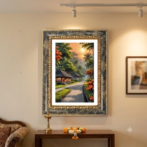 Painting Of A Peaceful Tropical Village Path At Sunset Decorative Photo Frame With White Mount | Premium Wall & Tabletop Picture Frame | Home, Office & Temple Decoration | 10x14 Inch (Pack Of 1) (F31