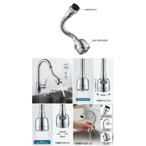 Turbo Flex 360Â° Flexible Faucet Sprayer Water Extender for Kitchen & Bathroom Tap, Stainless Steel Chrome Finish, Dual Spray Mode, Swivel Aerator Nozzle, Water Saving Faucet Attachment, Silver