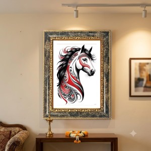 Red And Black Abstract Horse Decorative Photo Frame With White Mount | Premium Wall & Tabletop Picture Frame | Home, Office & Temple Decoration | 8x12 Inch (Pack Of 1) (F32530)