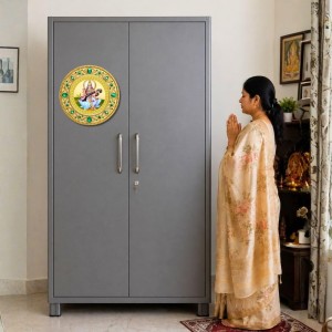 Goddess Saraswati Fridge Magnet Wooden | Glossy Sublimation Print | 4x4 Inch | Strong Magnet Back | Decorative Magnet for Fridge, Almirah & Temple Decor (F23714)