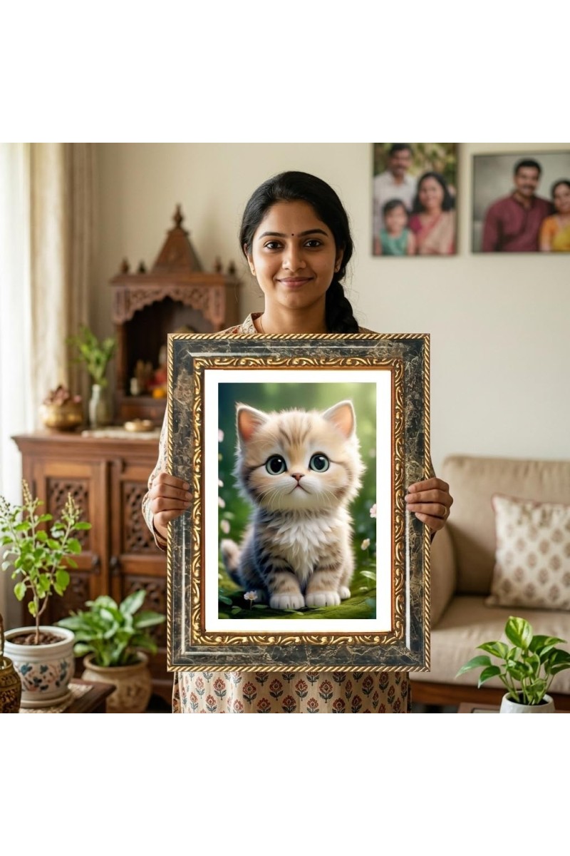 White Cats Holding A Bouquet Of Roses Decorative Photo Frame With White Mount | Premium Wall & Tabletop Picture Frame | Home, Office & Temple Decoration | 12x16 Inch (Pack Of 1) (F32546)