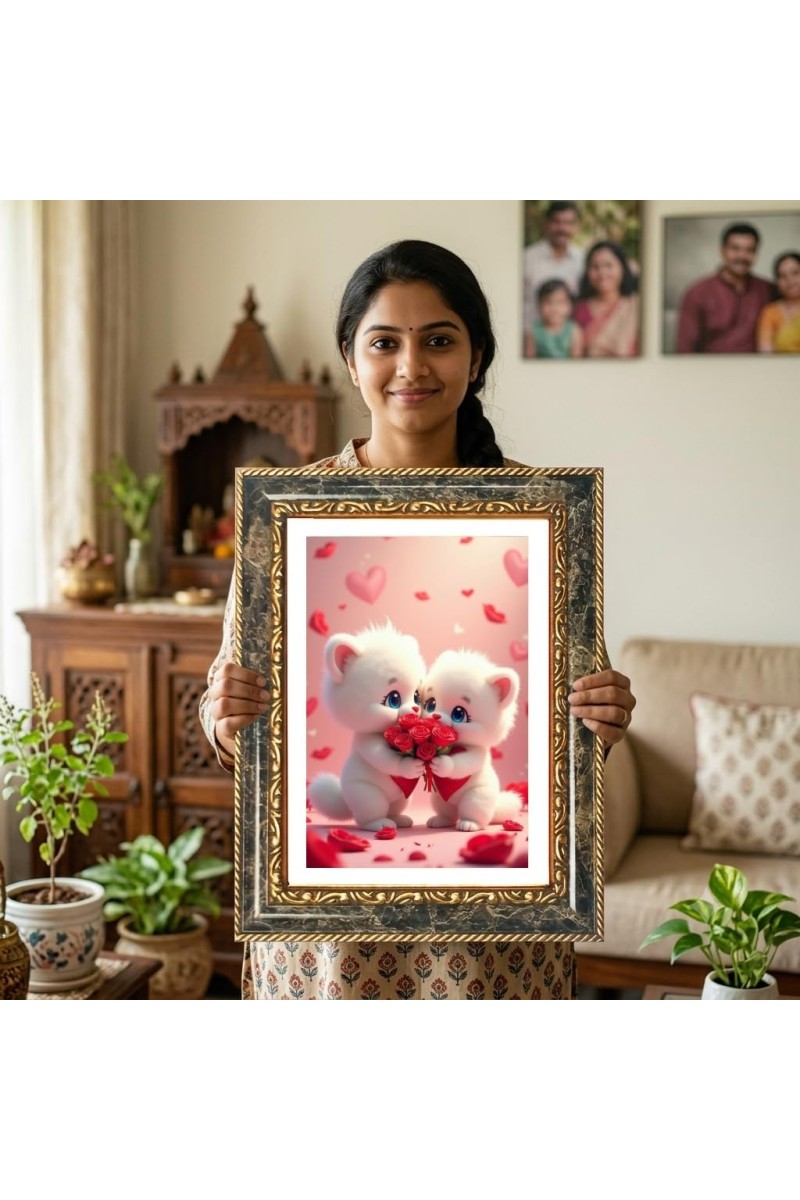 White Cats Holding A Bouquet Of Roses Decorative Photo Frame With White Mount | Premium Wall & Tabletop Picture Frame | Home, Office & Temple Decoration | 8x12 Inch (Pack Of 1) (F32546)