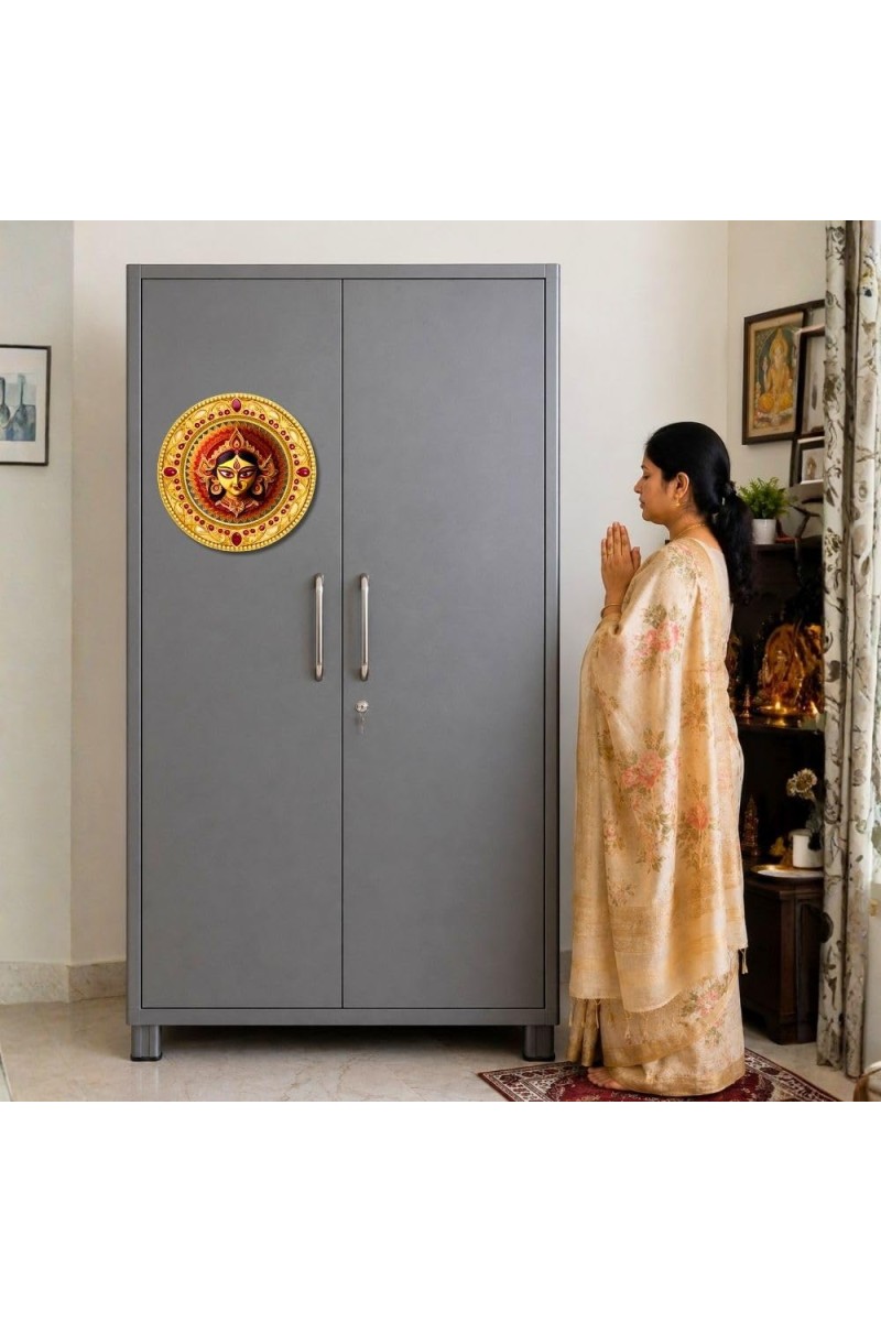 Goddess Durga Fridge Magnet Wooden | Glossy Sublimation Print | 4x4 Inch | Strong Magnet Back | Decorative Magnet for Fridge, Almirah & Temple Decor (F23713)