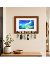 Decorative Wooden Photo Frame Key Hanger With Nature Picture, 12 X 8 Inch Wall Key Holder, 10 X 6 Inch Glossy Photo Frame, 6 Metal Hooks, Home Entrance Decor, Made In India (F38732)