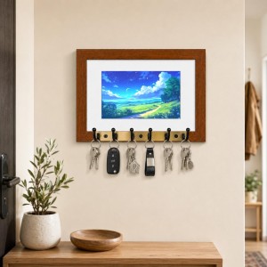 Decorative Wooden Photo Frame Key Hanger With Nature Picture, 12 X 8 Inch Wall Key Holder, 10 X 6 Inch Glossy Photo Frame, 6 Metal Hooks, Home Entrance Decor, Made In India (F38732)