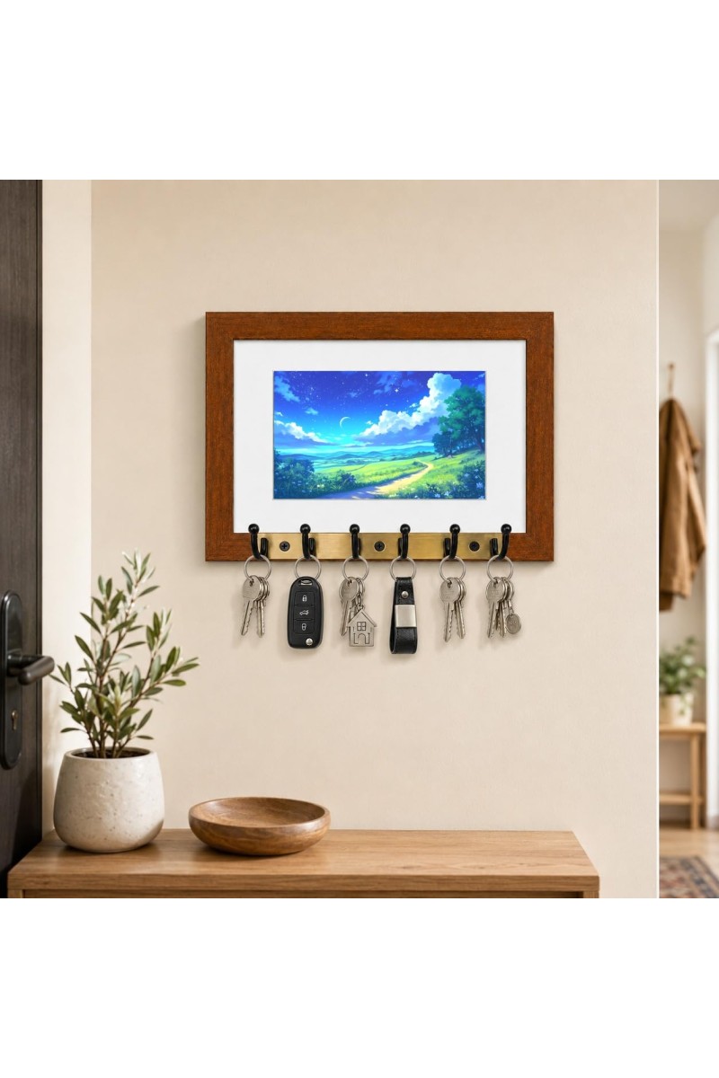 Decorative Wooden Photo Frame Key Hanger With Nature Picture, 12 X 8 Inch Wall Key Holder, 10 X 6 Inch Glossy Photo Frame, 6 Metal Hooks, Home Entrance Decor, Made In India (F38732)