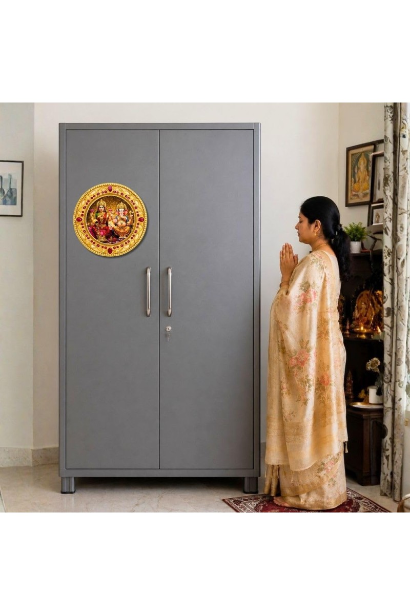 Goddess Lakshmi and Lord Ganeshaa Fridge Magnet Wooden | Glossy Sublimation Print | 4x4 Inch | Strong Magnet Back | Decorative Magnet for Fridge, Almirah & Temple Decor (F23701)
