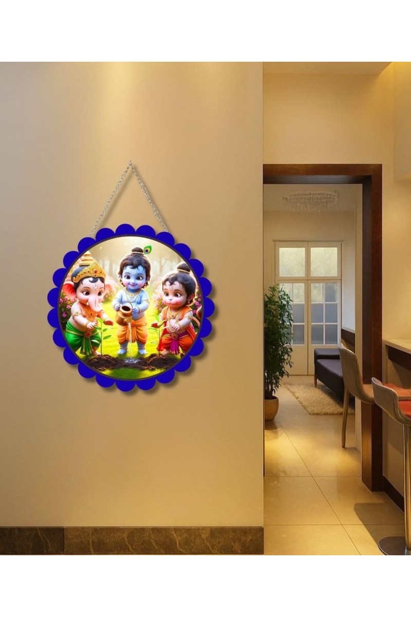 Lord Little Krishna And Ganesha And Hanuman Wall Hanging Photo Frame | 8 Inch Round Floral Design With Golden Hanging Chain | Decorative Religious Wall Decor For Home, Office, Temple & Pooja Room (F21